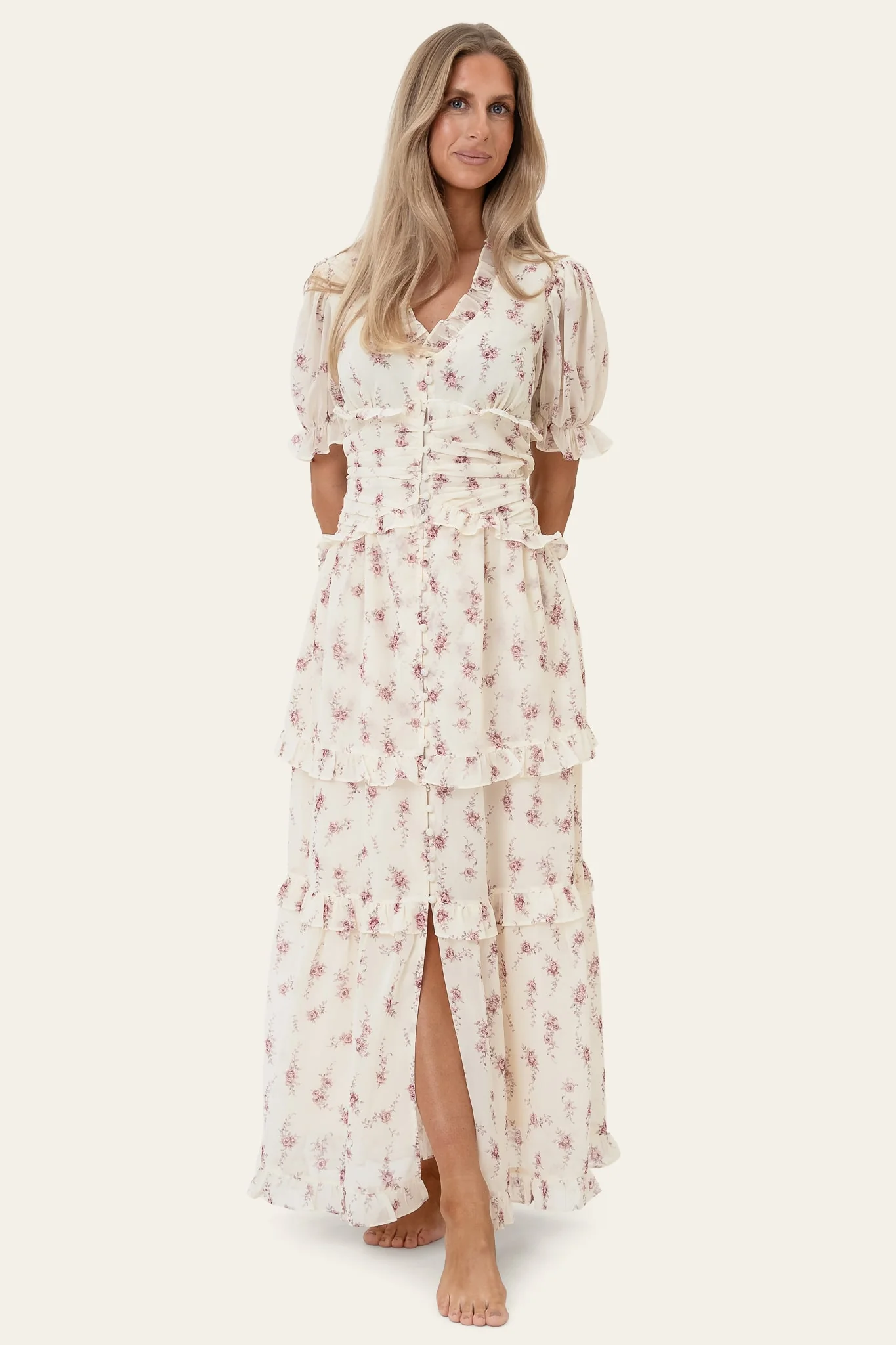 ArielIC Long Dress - Off White Vintage Rose
