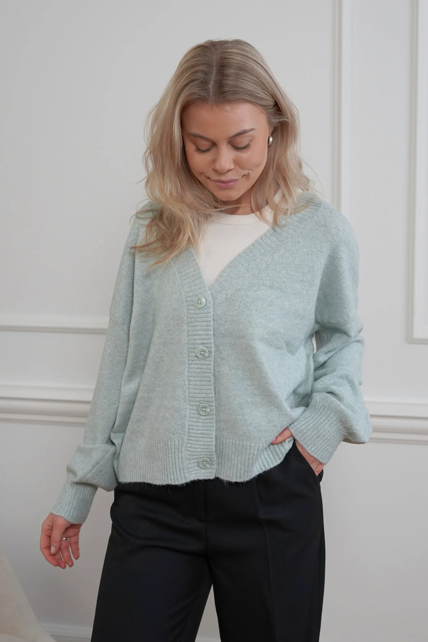 VMDoffy LS Vneck Button Cardigan - Jadeite Melange