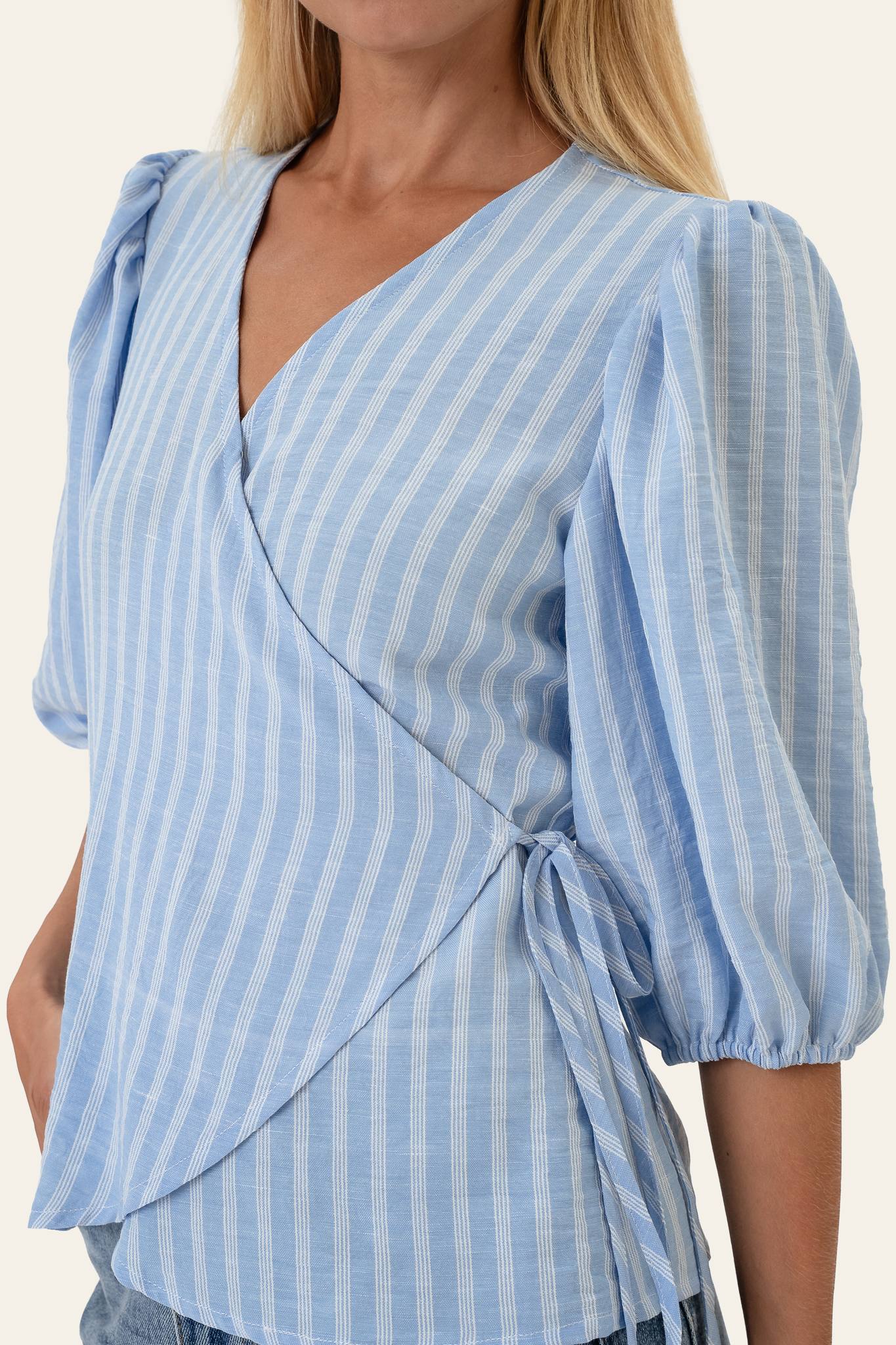 EllaIC Wrap Top - Blue White Stripes - Image 3