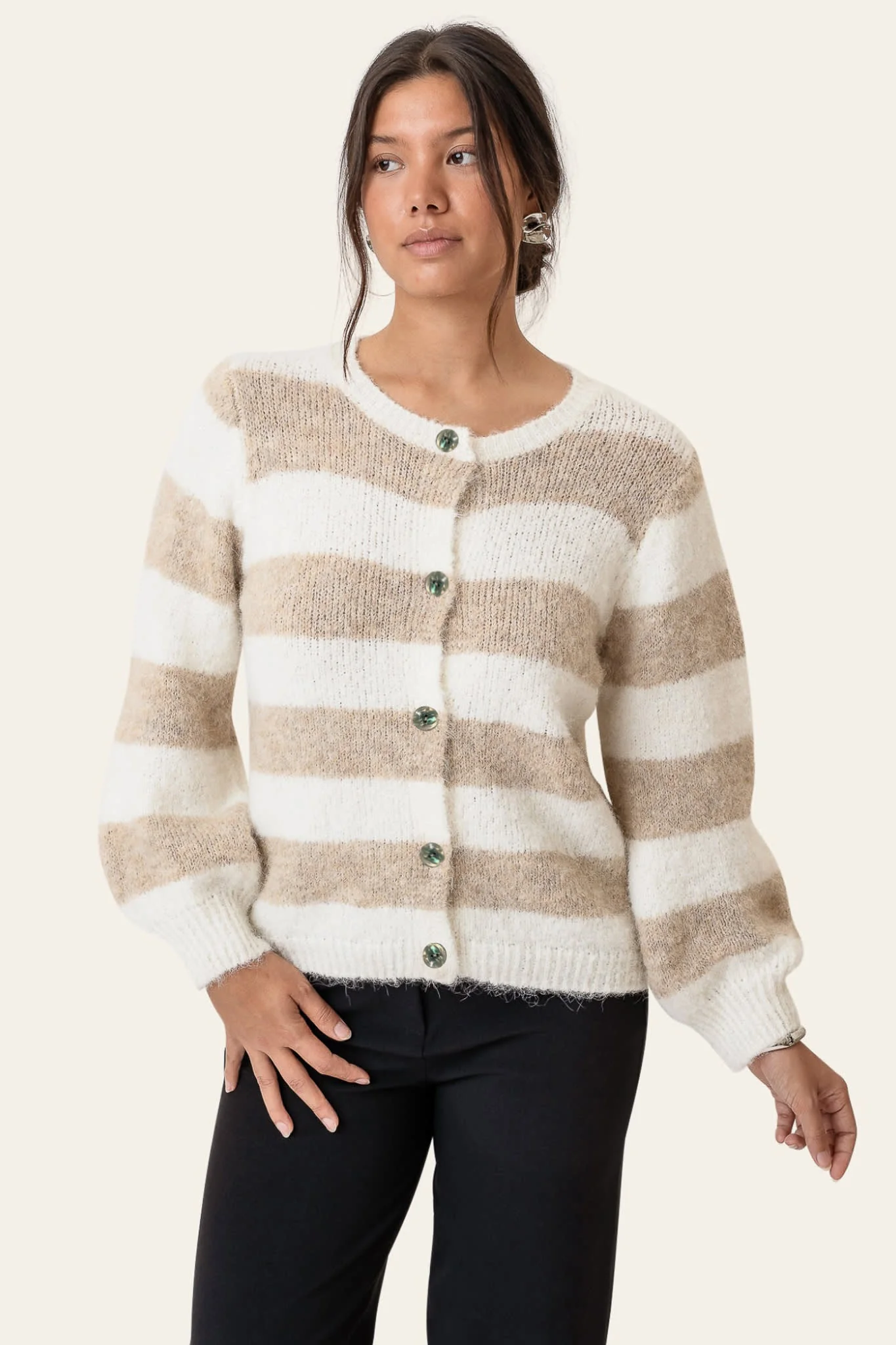 IdunIC Cardigan - Beige White Stripes