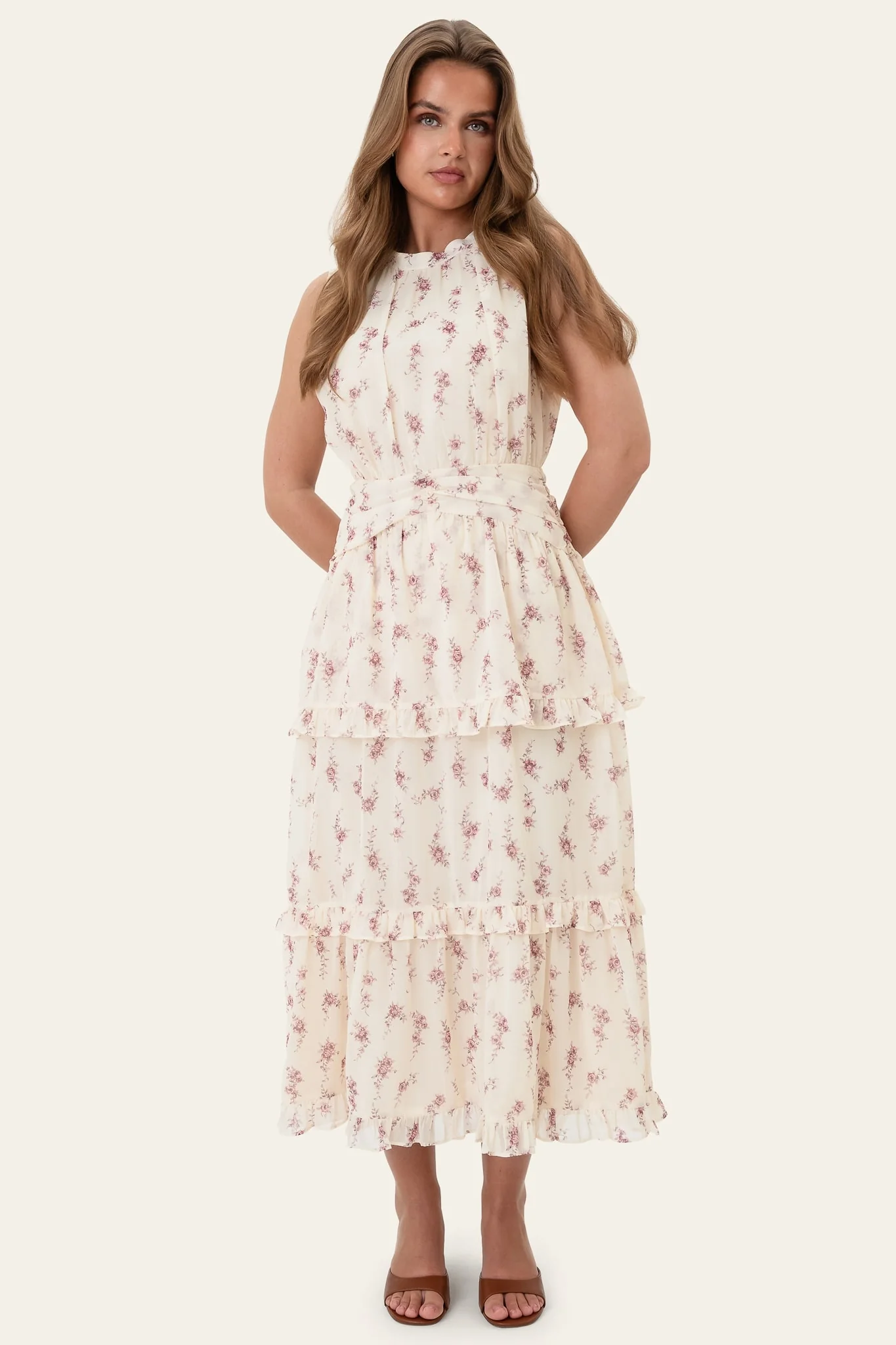 JasminIC Long Dress - Off White Vintage Rose