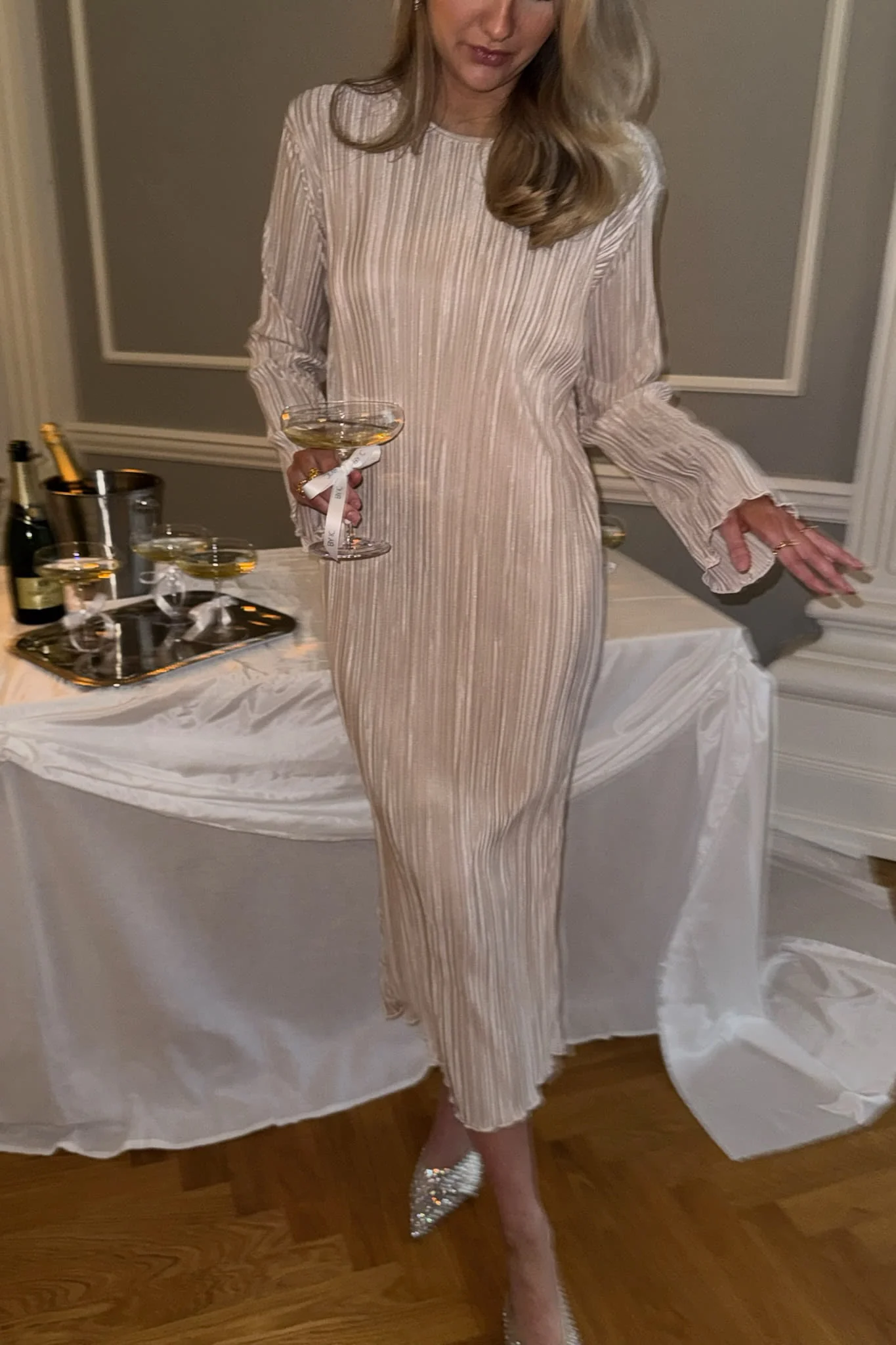 KellyIC Long Plissé Dress - Champagne - Image 2