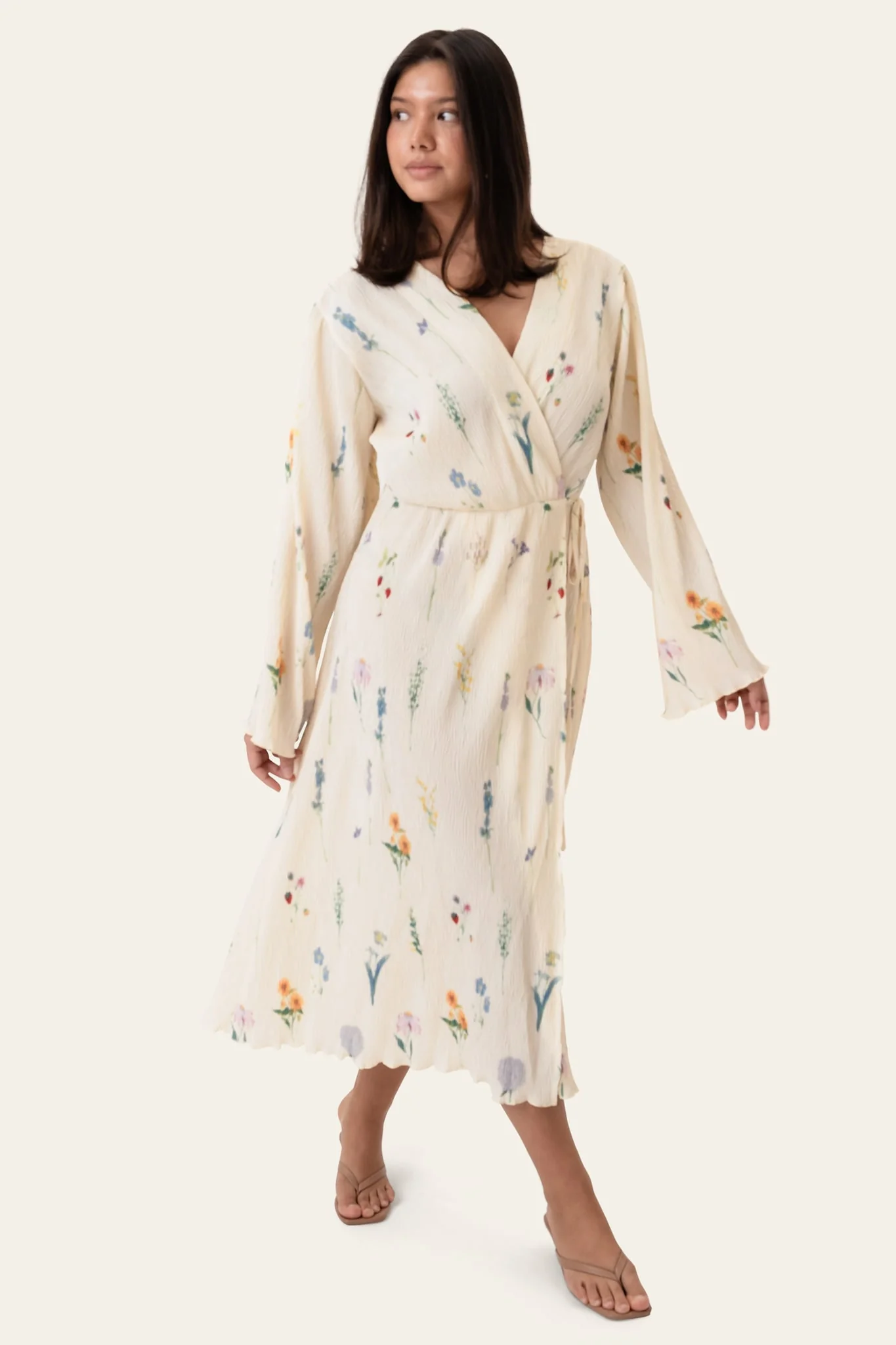 OfeliaIC Long Wrap Dress - Off White Flower Print