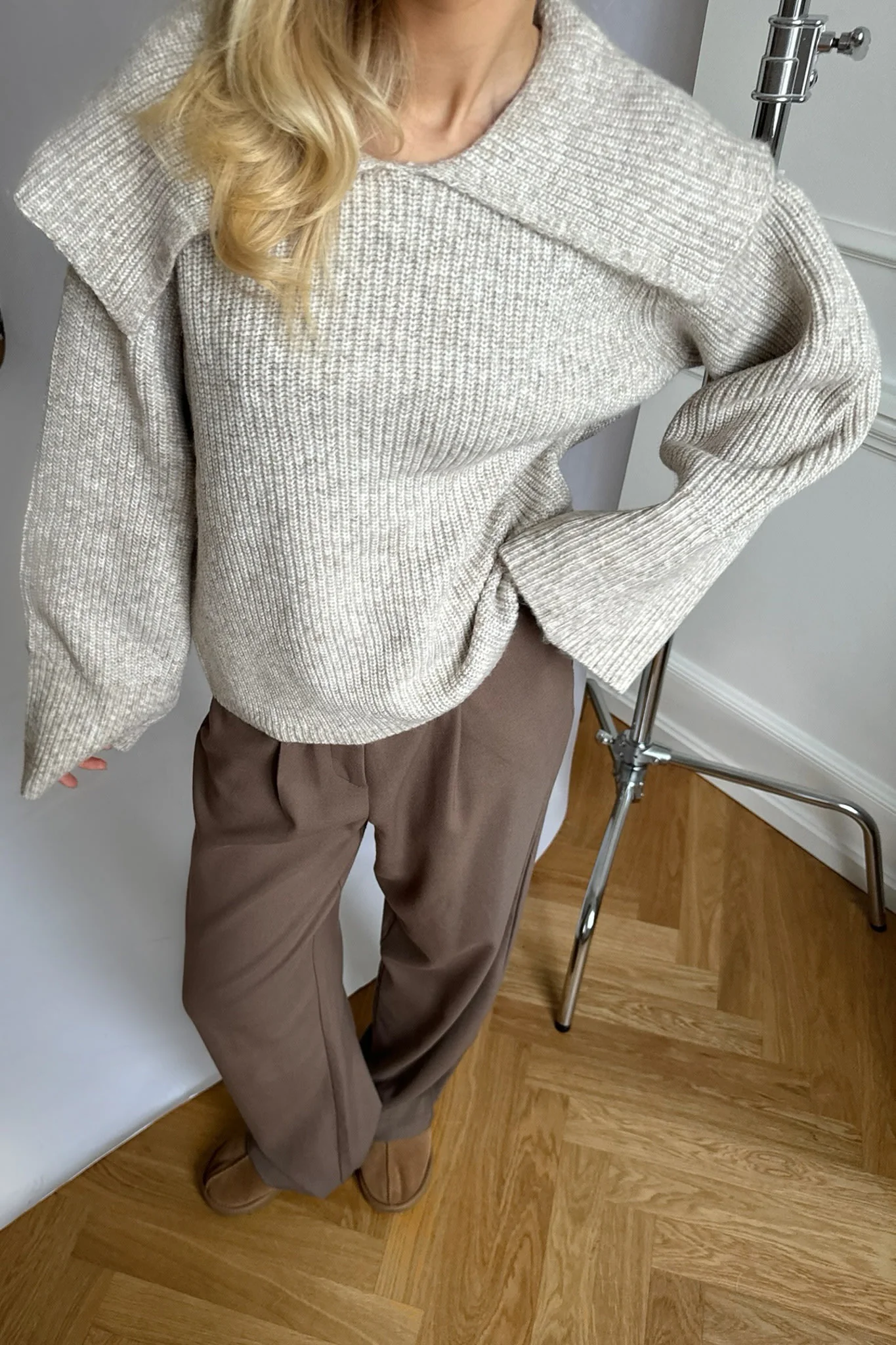 PCFade LS Collar Neck Knit - White Pepper Melange
